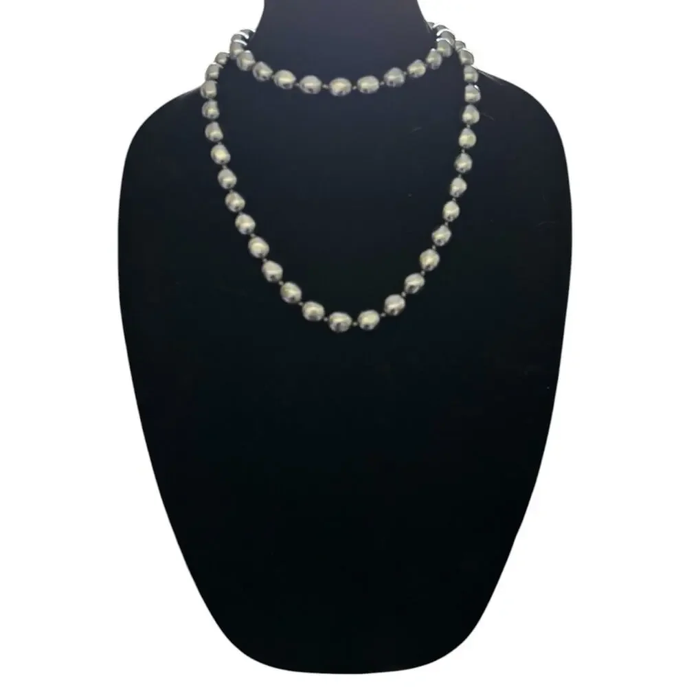 Silver Gray Faux Pearl Knotted Beaded Statement Necklace 39” Vintage